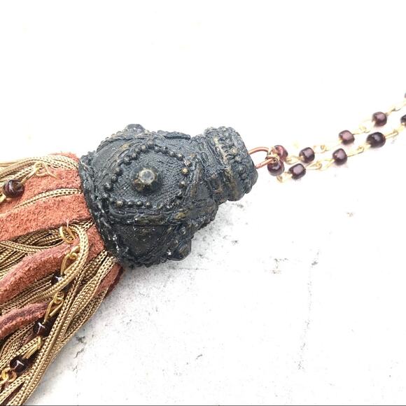 Tan & Orange leather Fan Pull or furniture Tassel Pull with ornate gray top VTG - Picture 8 of 13